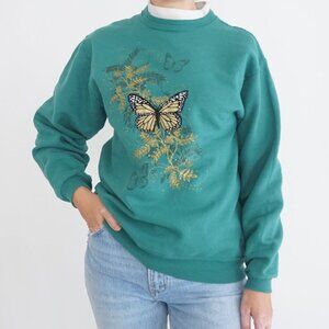 Vintage Morning Sun Green w Yellow Butterfly Crewneck Sweater L